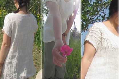 Hand Embroidered Short Sleeve White Linen Blouse bl0107 013