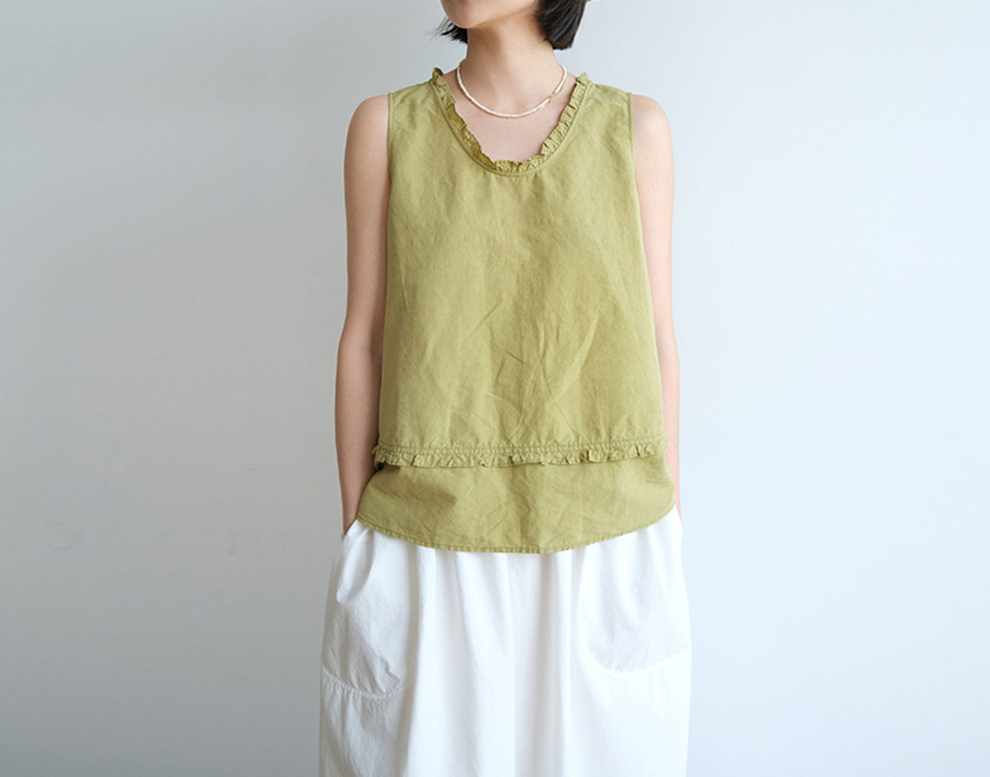 edoa Linen A-line Ruffle Tank Top