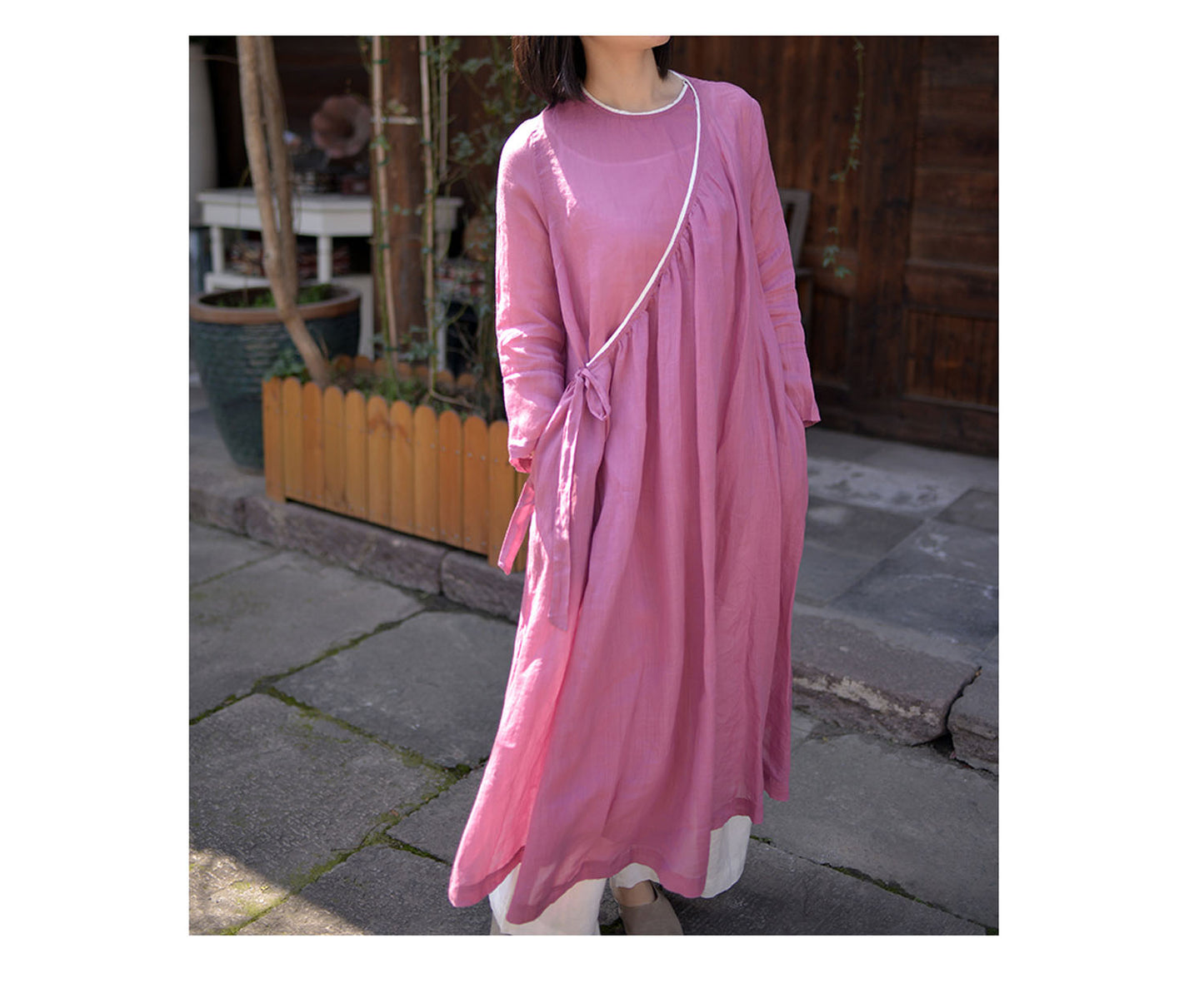 edoa Hot Pink Asymmetrical Washed Ramie Long Tie Dress 