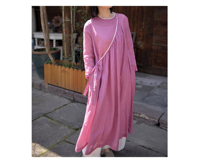 edoa Hot Pink Asymmetrical Washed Ramie Long Tie Dress 
