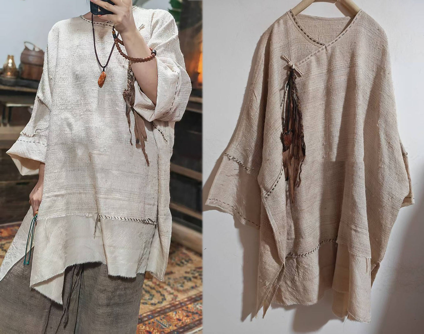 Oversized Natural Tussah Silk Slub Tunic to0329 X327