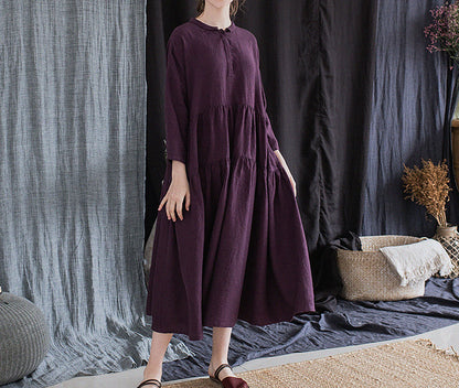 edoa Grape Purple Linen Peter Pan Collar Tiered Dress