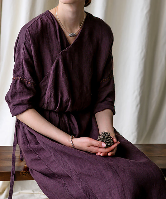 edoa Linen Wrap Dress with Hand Embroidery
