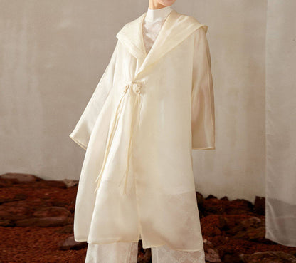 edoa Oversized Chinese Style Mulberry Silk Satin Organza Hooded Coat