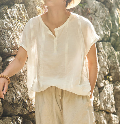 edoa High Count French Linen Short Sleeve Top