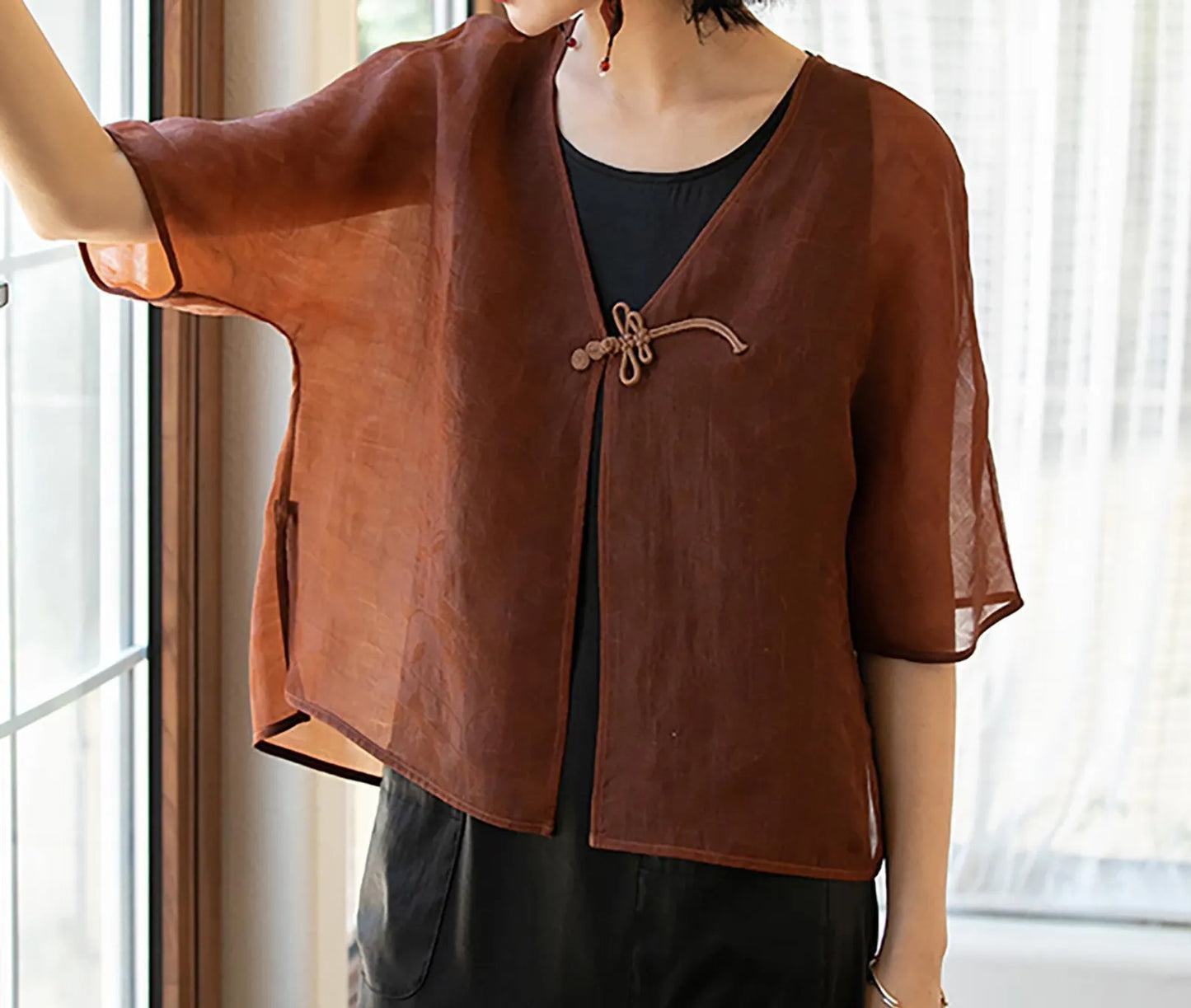 edoa Mud Silk Satin-organza Blazer with Dragonfly Button