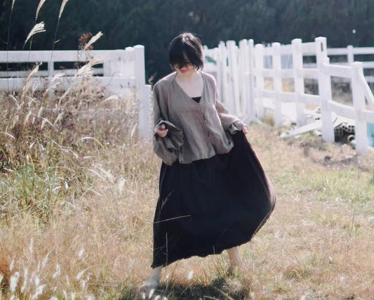 edoa Linen Three Tiered Ruffle Vineyard Skirt 