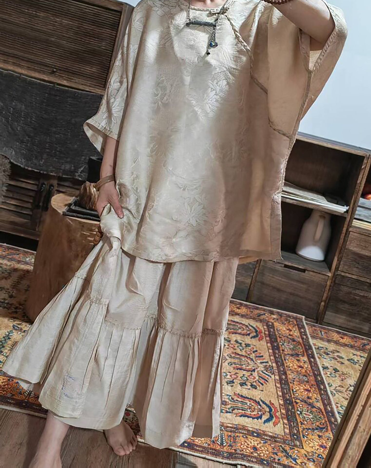 edoa Undyed Tussah Silk Ruffle Skirt