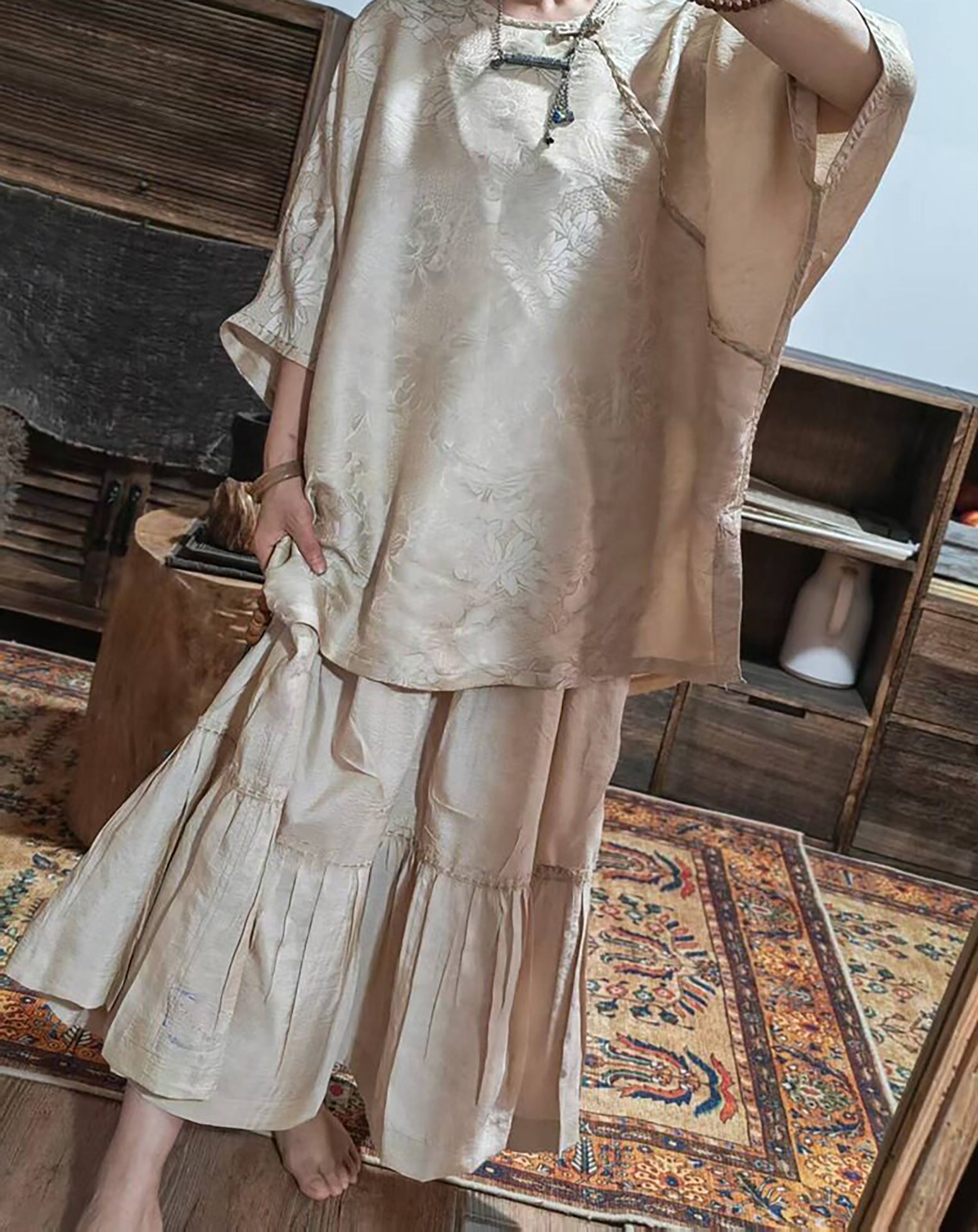 edoa Undyed Tussah Silk Ruffle Skirt