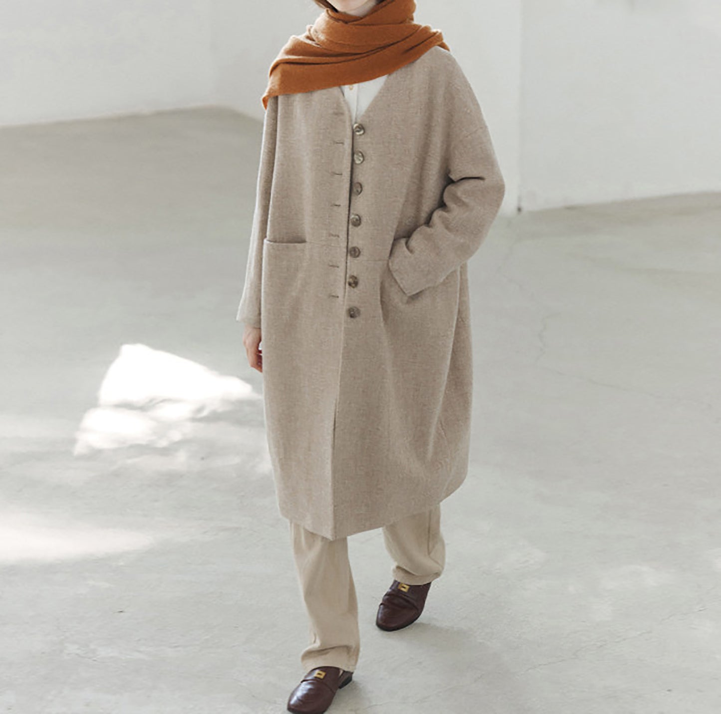 edoa Elegant V-neck Wool Long Coat