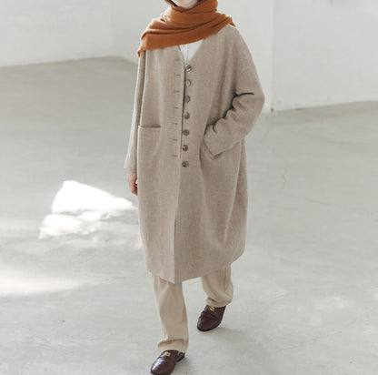 edoa Elegant V-neck Wool Long Coat