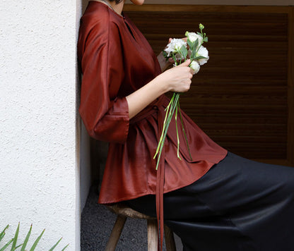 edoa Rust Mud Silk Satin Blouse 