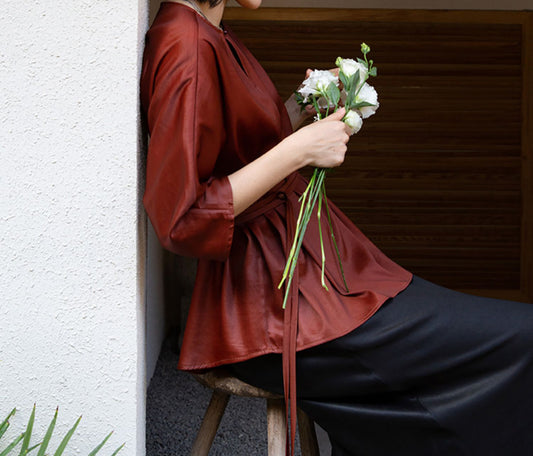 edoa Rust Mud Silk Satin Blouse 
