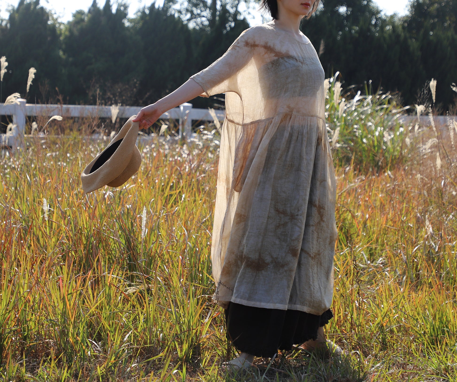 edoa Low Gathered Waist Oversized Linen Rayon Blend Dress
