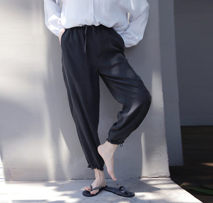 edoa Black Sand Washed Mulberry Silk Habotati Tapered Pants