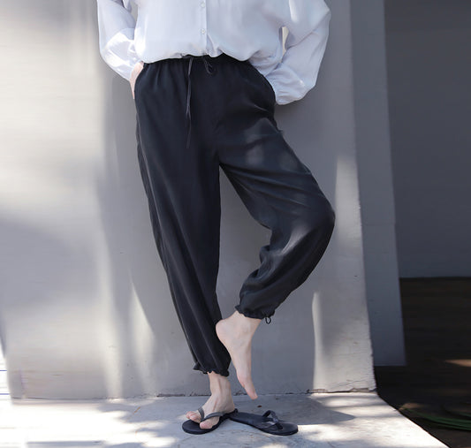 edoa Black Sand Washed Mulberry Silk Habotati Tapered Pants