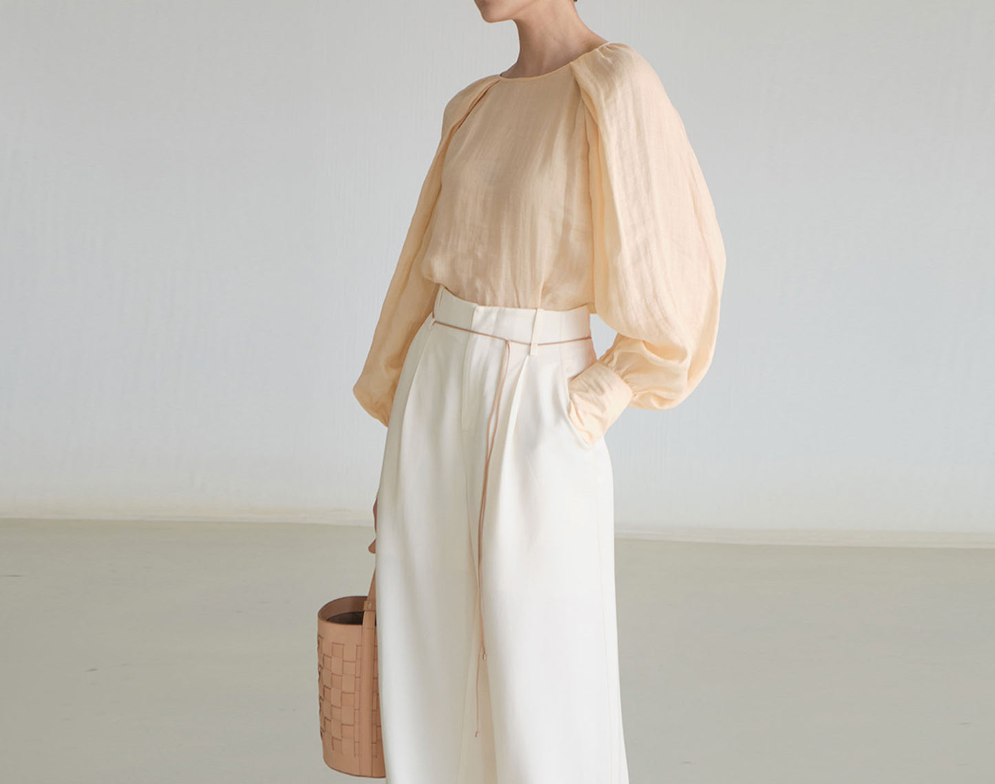 edoa Ramie Pleated Long Lantern Sleeve Blouse