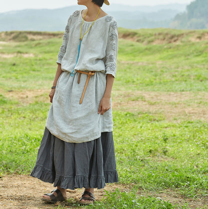 edoa Yarn Dyed Linen Tunic Dress with Handmade Tape embroidery