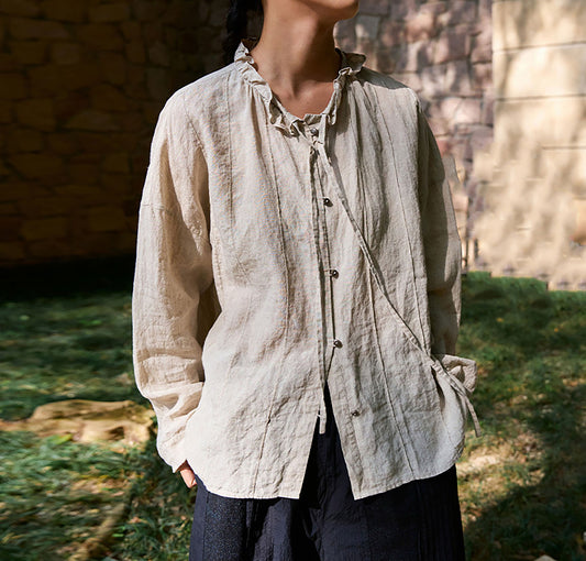 edoa Flax Linen Ruffled Collar Blouse with Pintucks