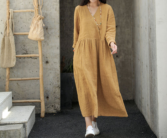 edoa V Neckline Linen Maxi Dress 