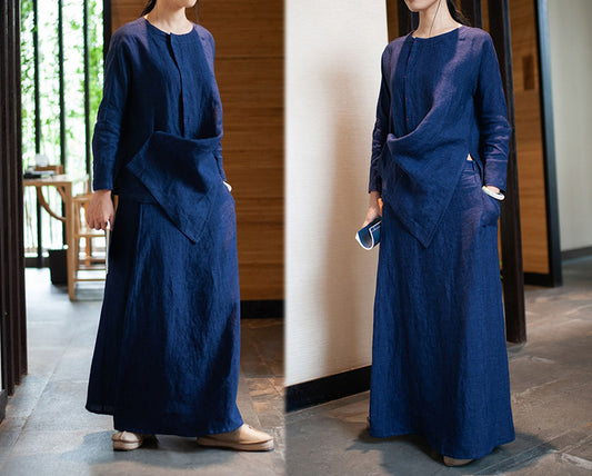 edoa Linen Long Sleeves Asymmetric Hemline Top