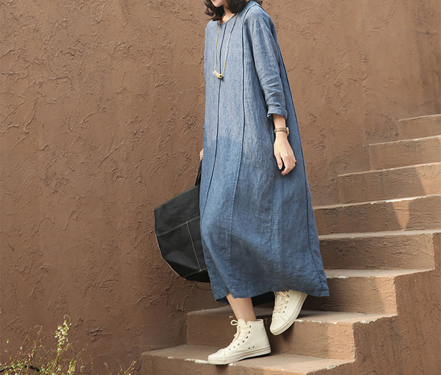 edoa Yarn Dyed Linen Dress with Pintucks 