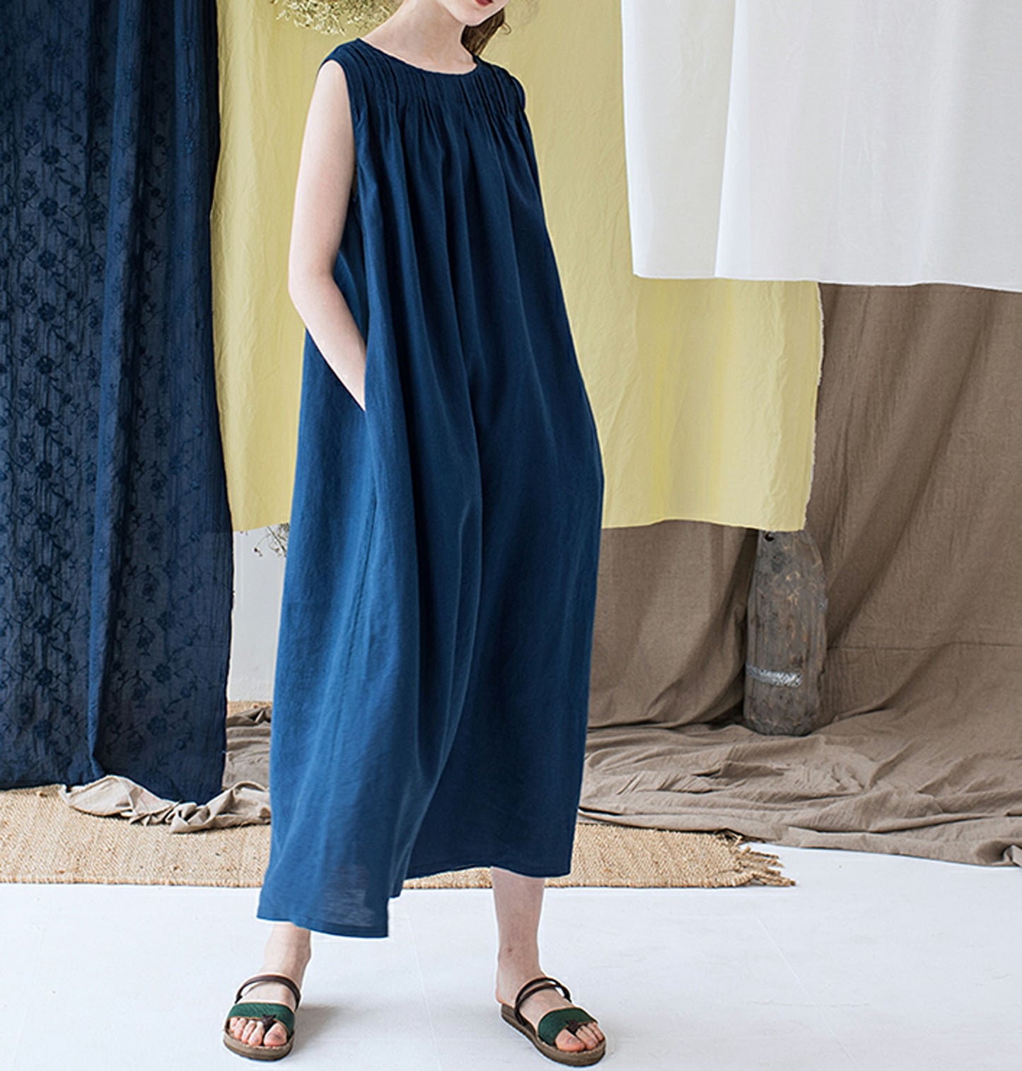 edoa Pintucked Linen Tank Dress