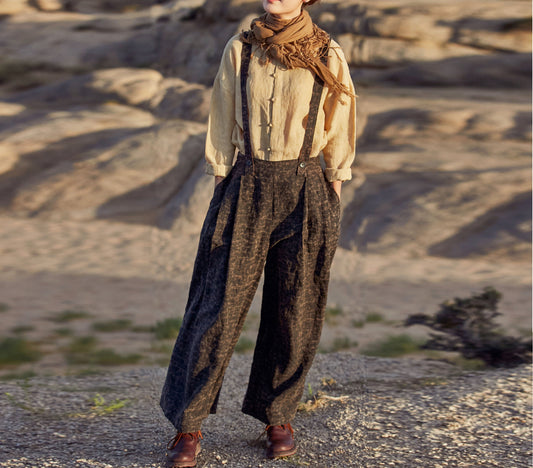 edoa Cracked Mud Silk Adjustable Suspender Pants 