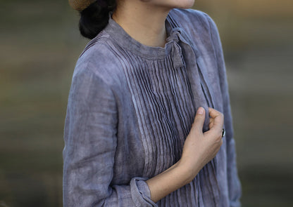 edoa Pintucked Ribbon Collar Distressed Crinkled Linen Dress