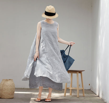 edoa Two Layer Ramie Long Sleeveless Dress