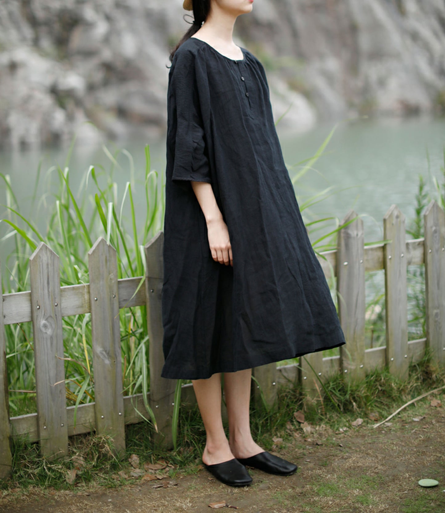 edoa 3/4 sleeves A-line Linen Tunic