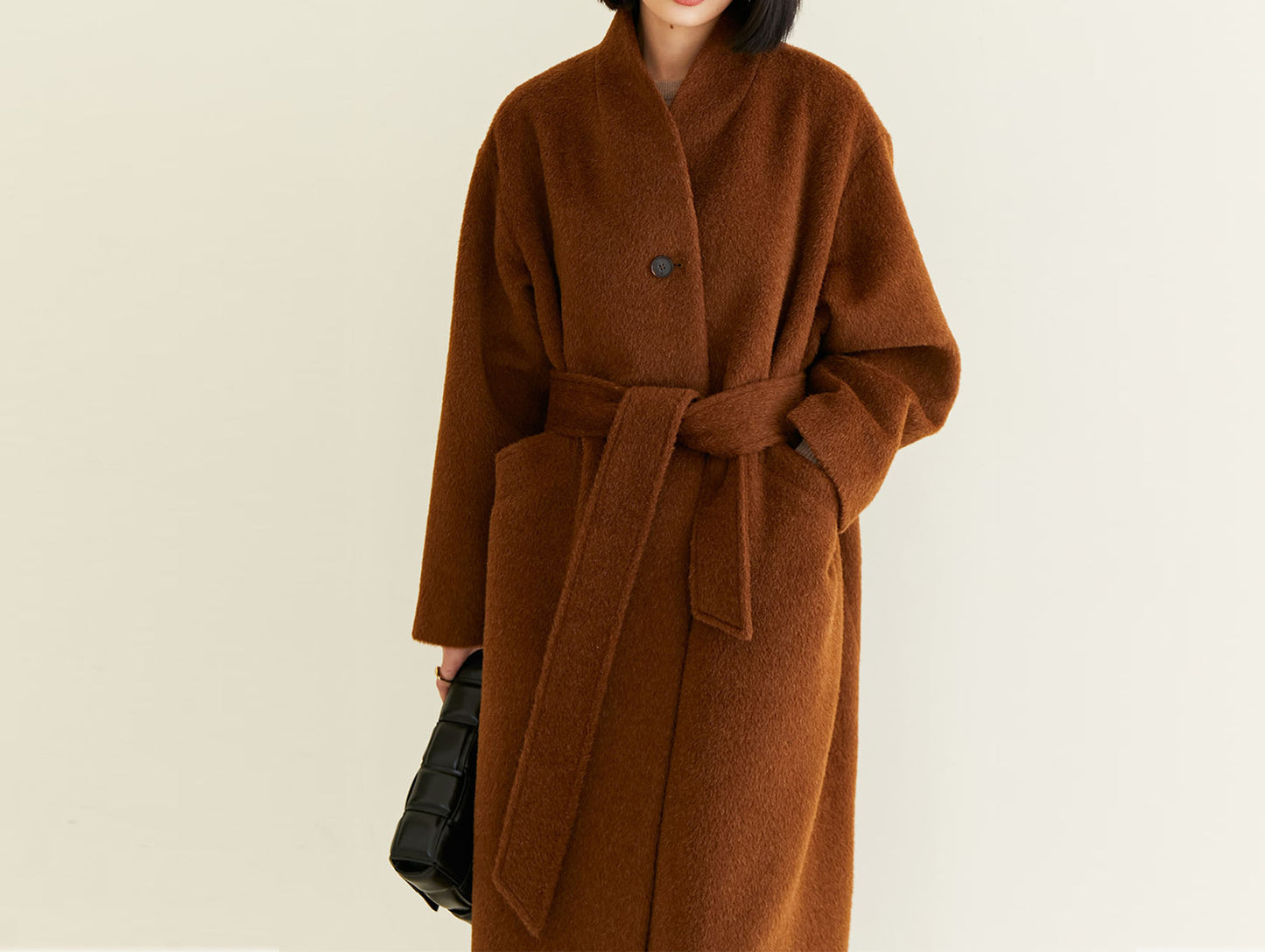 edoa Suri Alpaca V-neck Belted Wrap Maxi Coat 