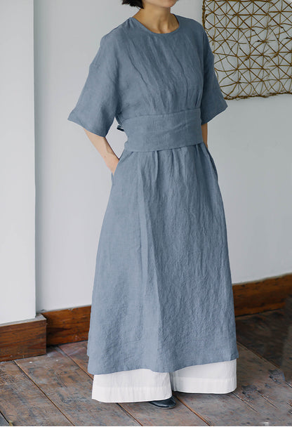 edoa Linen Kaftan Dress with Detachable Belt