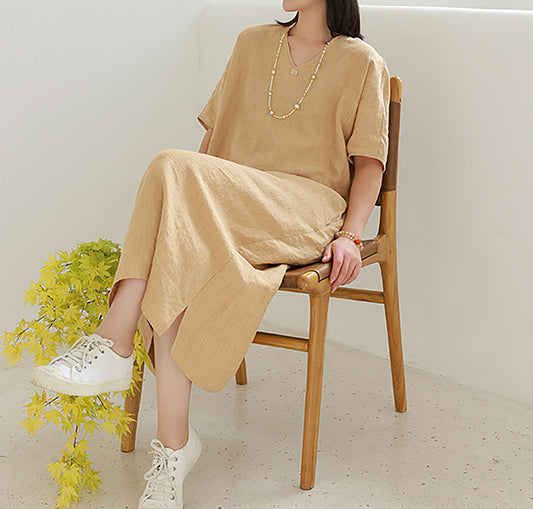 edoa Yarn Dyed French Linen V-neck Dress 
