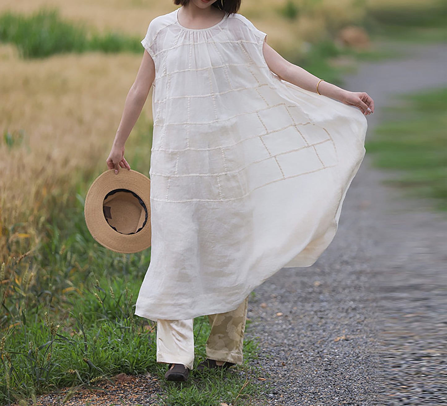 edoa Oversized Summer Light and Airy Ramie Robe with Geometric Patchwork