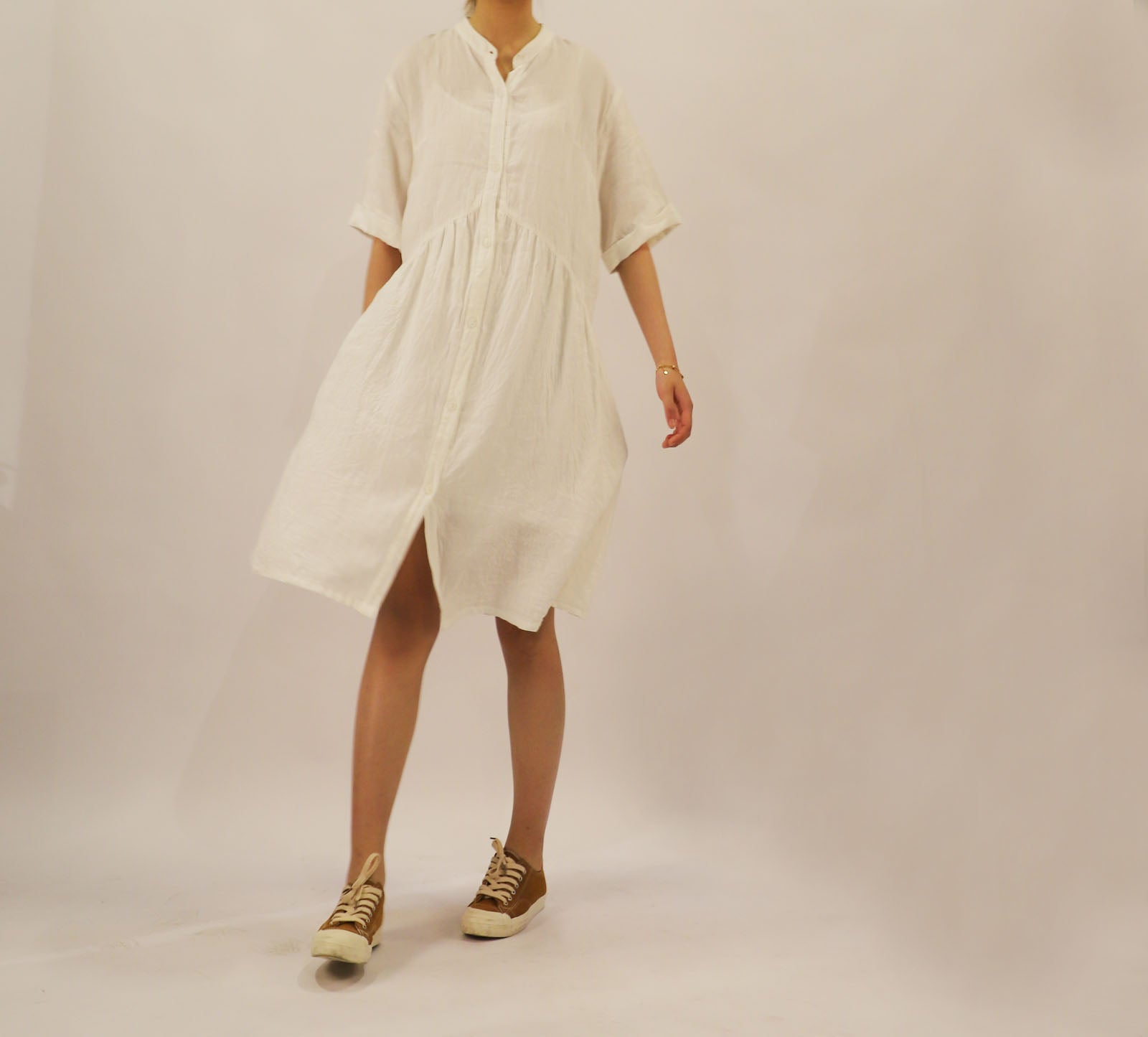 edoa Stand Collar Washed Linen Shirt Dress