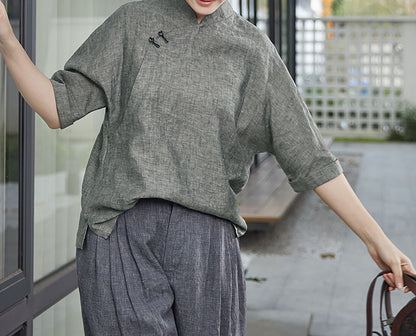 edoa Yarn Dyed Linen Chinese Shirt
