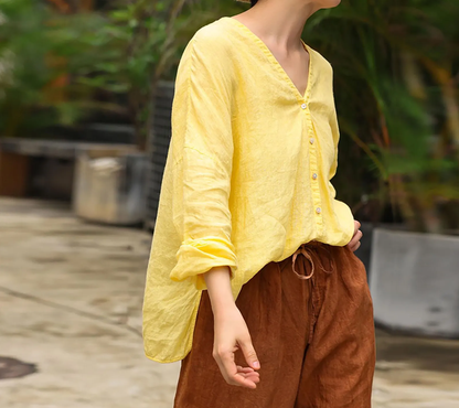 edoa High Counted Linen V-neck Blouse