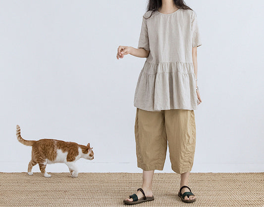 edoa Washed Linen Peplum Shirt