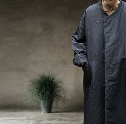 edoa Yarn-dyed Linen Cotton Blend Padded Long Coat