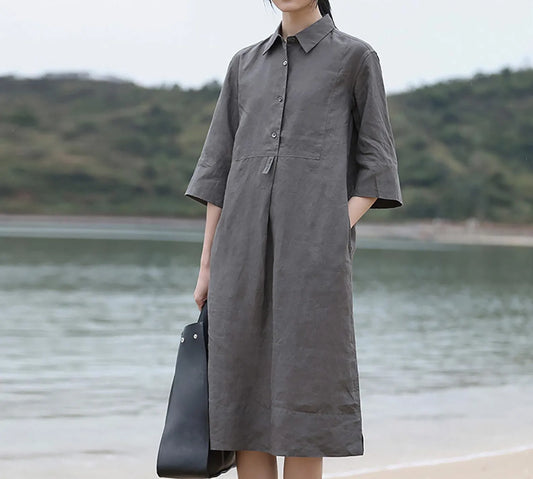 edoa Elegant Linen Midi Shirt Dress 