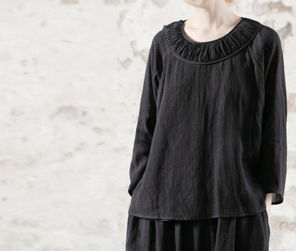 edoa Detachable Ruffle Collar Ramie Flared Blouse