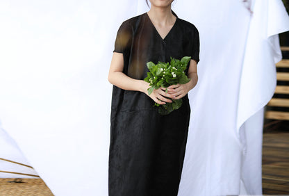 edoa Mud Silk Jacquard V-neck Dress