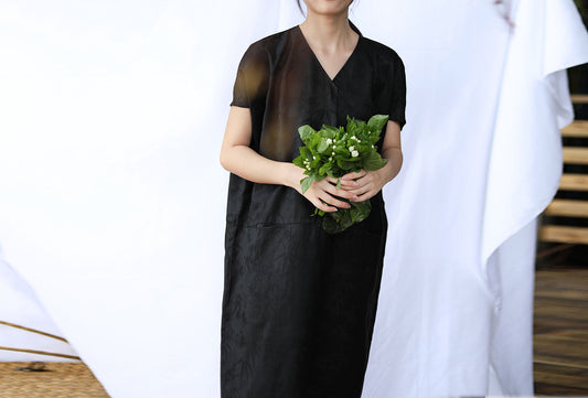 edoa Mud Silk Jacquard V-neck Dress