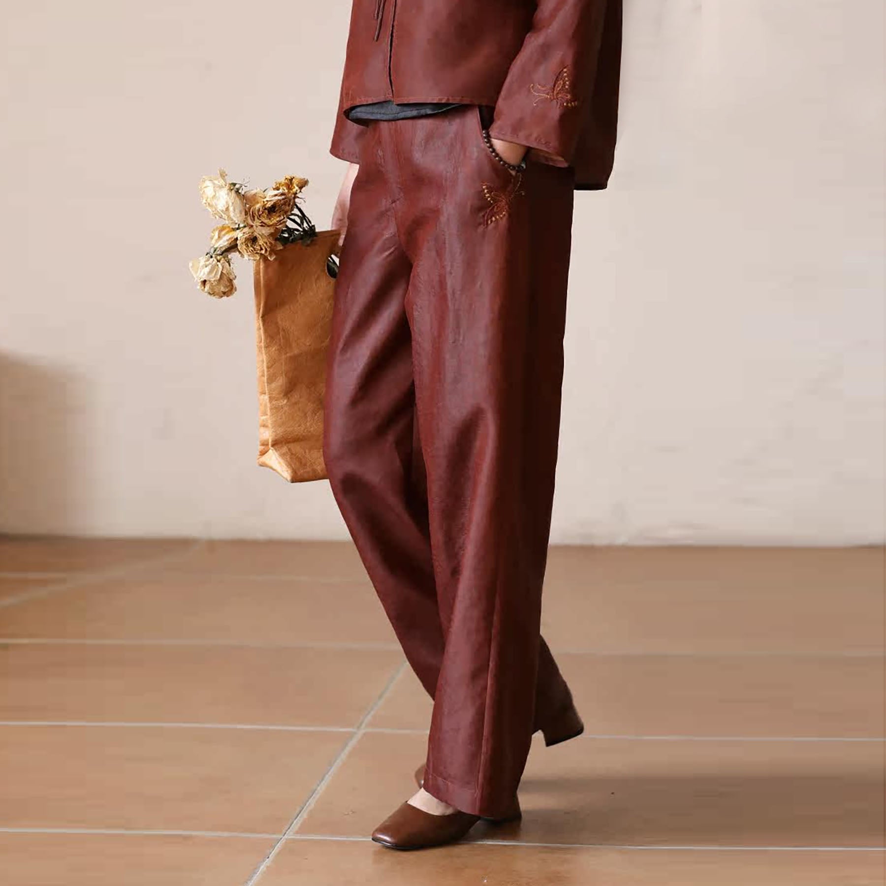 edoa Cracked Mud Silk Habotai Pants with Hand Embroidery of Butterfly
