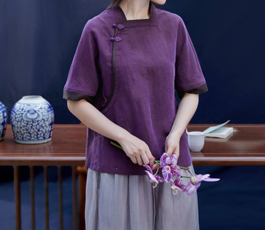 edoa Purple Cracked Mud Silk Chinese Blouse