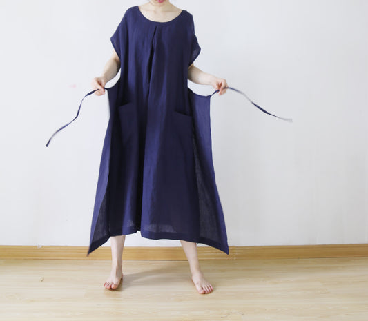 edoa Plus Size Navy Blue Washed Linen Dress 