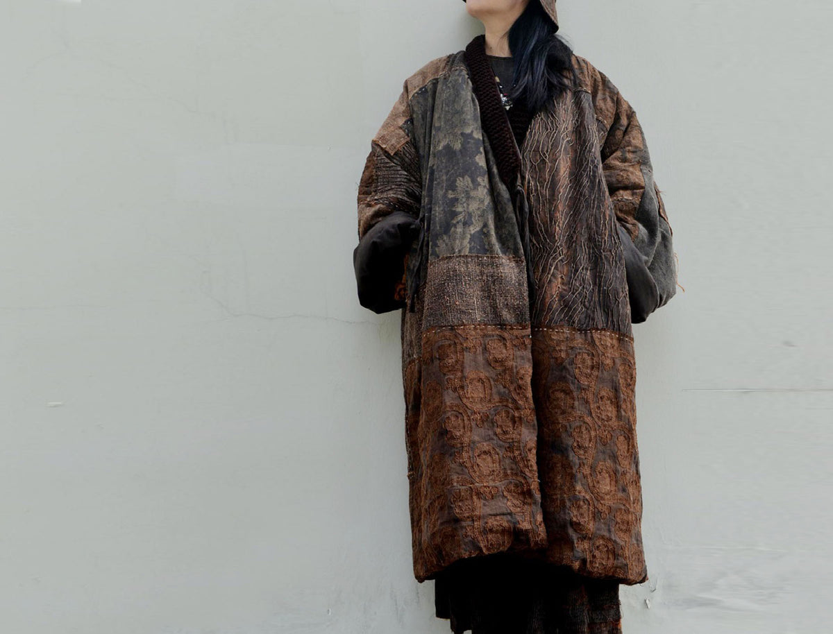 edoa Mud Tussah Silk Goose Down Boro Coat