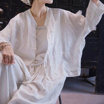 edoa Oversized Summer Oriental White Washed Ramie Chinese V-neck Button-up Shirt