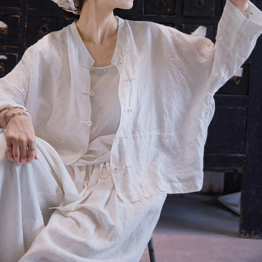 edoa Oversized Summer Oriental White Washed Ramie Chinese V-neck Button-up Shirt